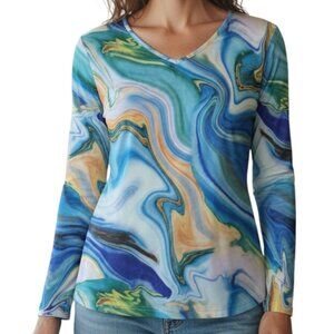 Sakurafina Blue White Orange Marble Print Long Sleeve Top Women's Size S